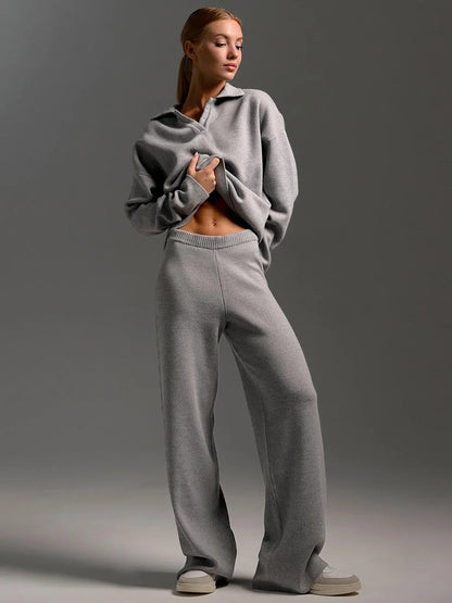 The Luxe Knit Co-Ord: Women's Polo Pullover & Wide Leg Pants Set
