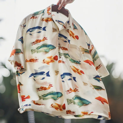 MADEN Deep Sea Retro Cuban Collar Short Sleeve Shirt