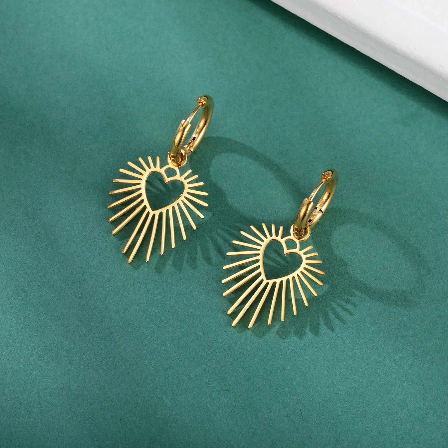 Geometric Heart Sun Pendant Drop Earrings