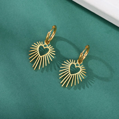 Geometric Heart Sun Pendant Drop Earrings