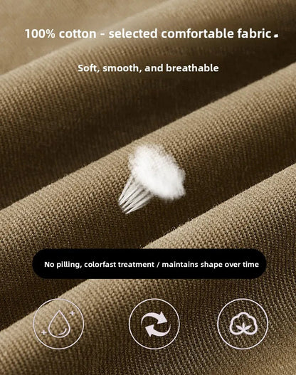 Textured fabric with 100% cotton and comfort features highlighted