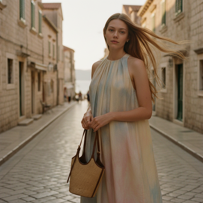 Woman in a tie-dye dress holding a woven bag on a sunlit street.