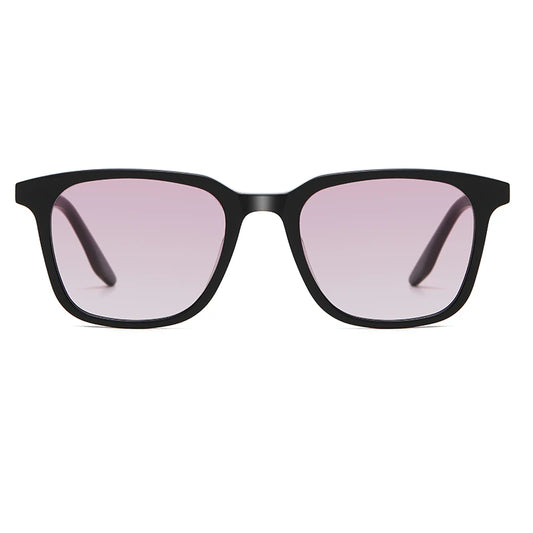 Black-framed sunglasses with pink lenses on a white background
