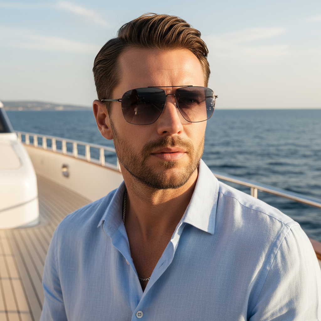 Man wearing sunglasses on a boat with ocean and sky in the background