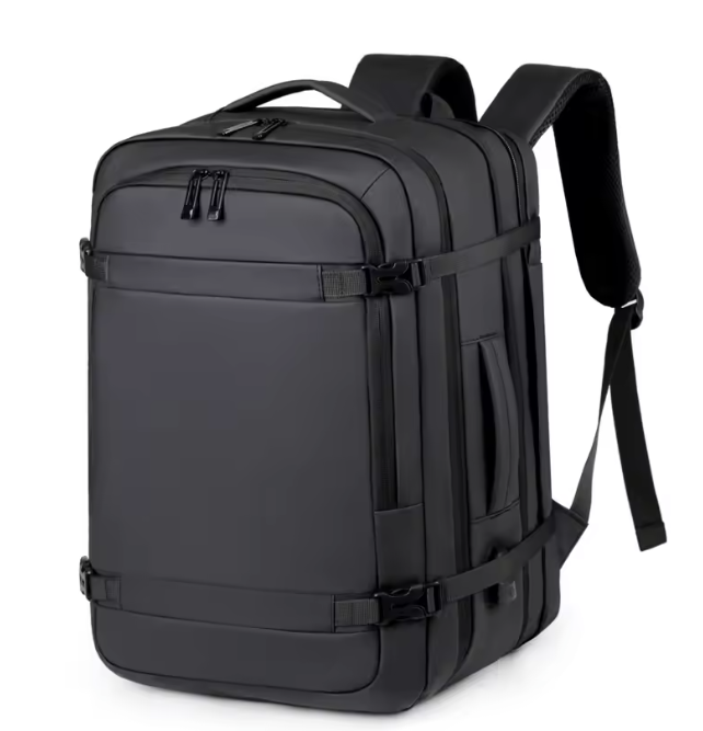 Black backpack with multiple straps on a white background