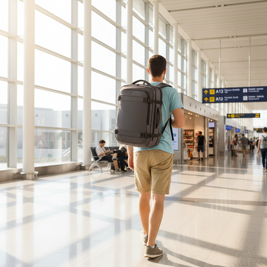 Person wearing a gray backpack on a white background