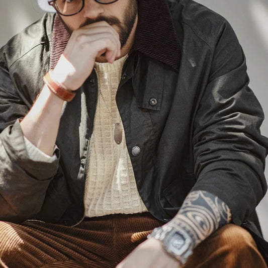 Men's Authentic Waxed Fishing Jacket | Corduroy Collar Distressed Outerwear