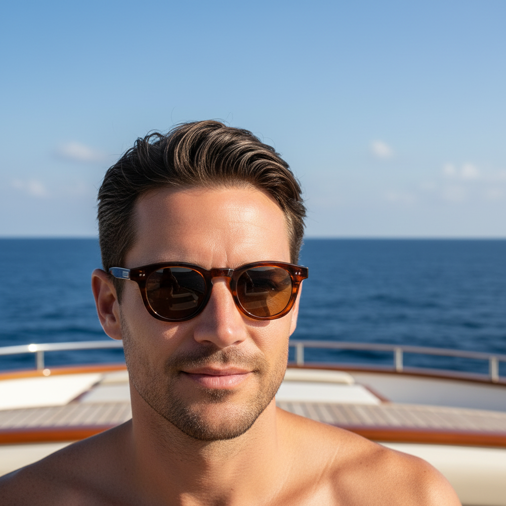 Man wearing sunglasses with a blue sky and ocean background