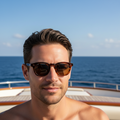 Man wearing sunglasses with a blue sky and ocean background