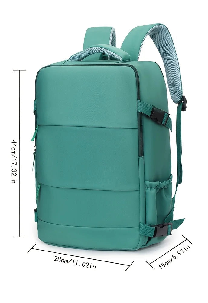 Teal backpack with dimensions and capacity details on a white background