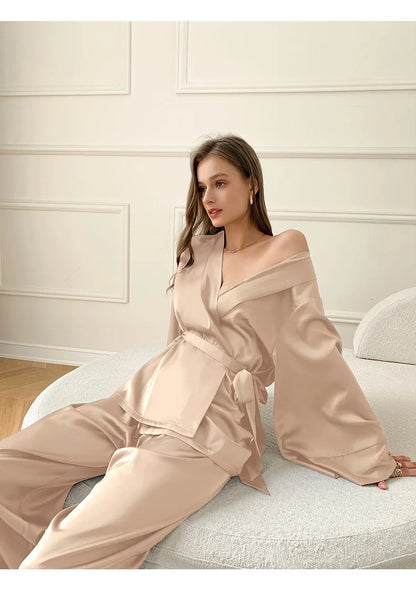 Women's Silky Satin Pyjama Set | Elegant Kimono Wrap Loungewear