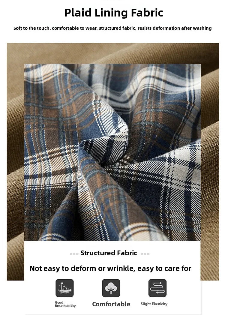Plaid lining fabric with text describing its properties on a brown background