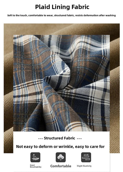 Plaid lining fabric with text describing its properties on a brown background