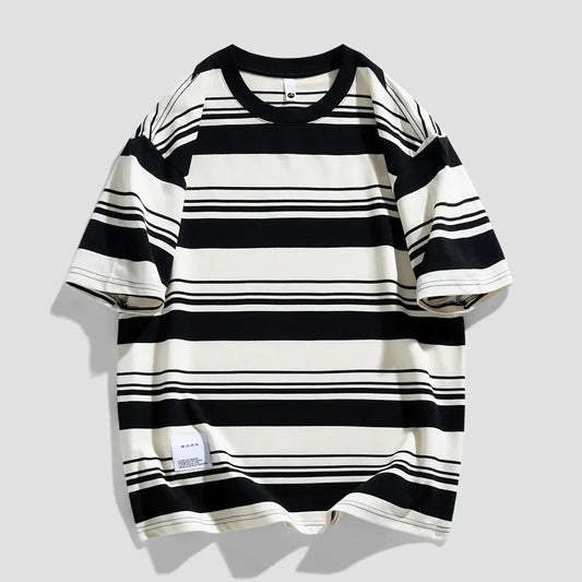 Black and white striped t-shirt on a light gray background
