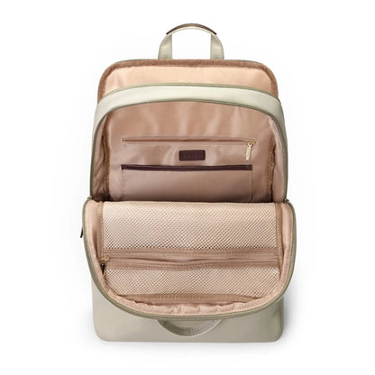 A beige and light green golf backpack shown open to display its interior compartments, including a laptop sleeve, zippered pockets, and mesh organizer, with the GOLF logo in the top left corner.