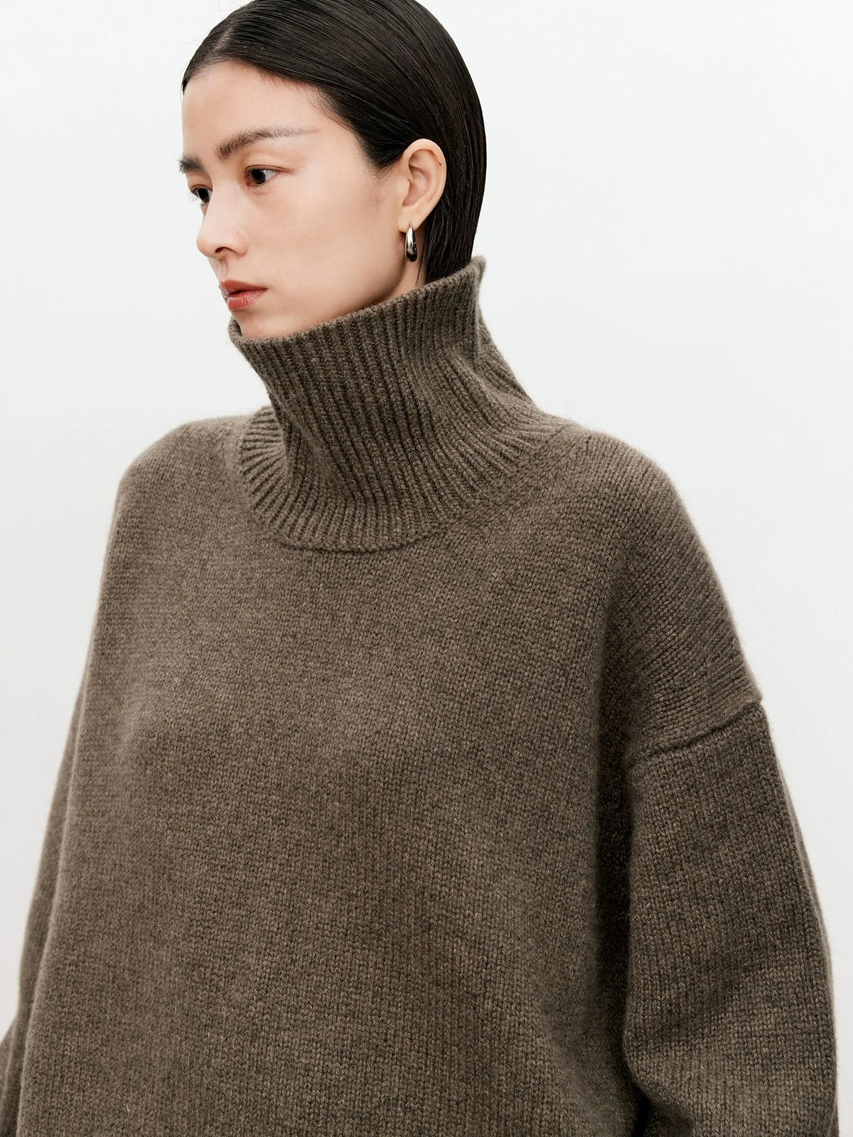 Person wearing a brown turtleneck sweater on a white background