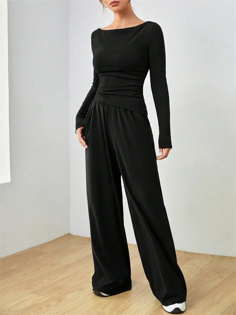 The Flow State Set: Effortless Chic Women's Two-Piece Wide-Leg Ensemble