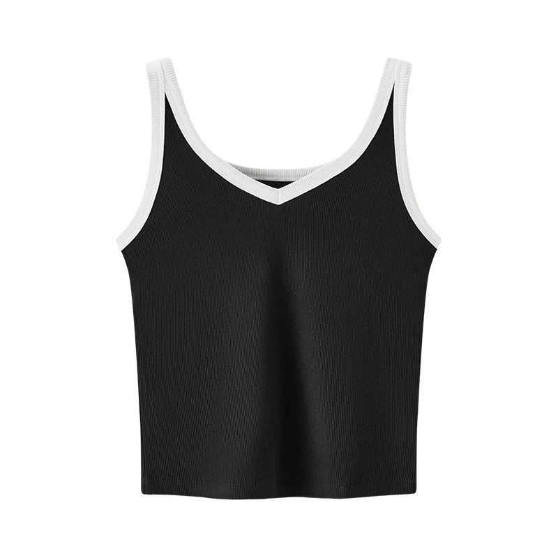 Black tank top with white trim on a white background
