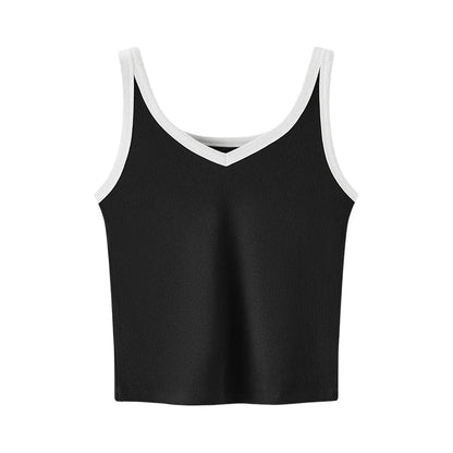 Black tank top with white trim on a white background