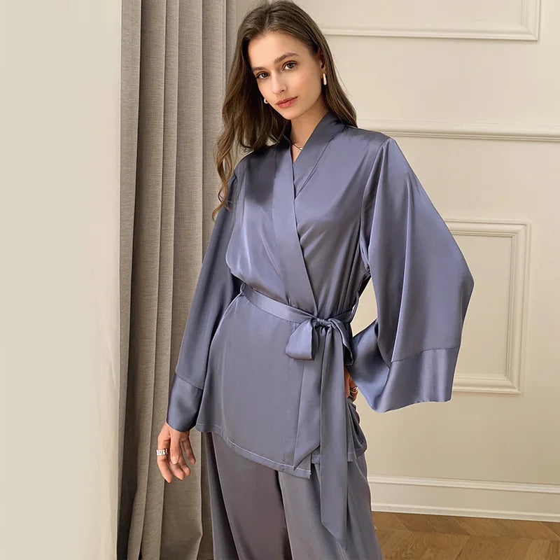 Women's Silky Satin Pyjama Set | Elegant Kimono Wrap Loungewear