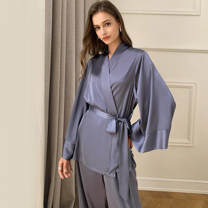 Women's Silky Satin Pyjama Set | Elegant Kimono Wrap Loungewear