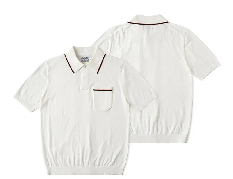 White short-sleeve polo shirt shown from both front and back, with thin dark red piping accents on the collar and chest pocket, on a white background with Chinese text 'DETAILS' at the top.