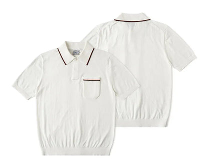 White short-sleeve polo shirt shown from both front and back, with thin dark red piping accents on the collar and chest pocket, on a white background with Chinese text 'DETAILS' at the top.