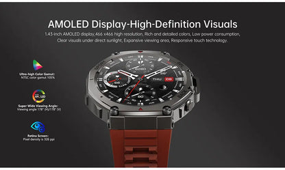 Men's T-Rex 3 GPS Smartwatch - 1.43" AMOLED, 5ATM Waterproof, Fitness Tracker for Men