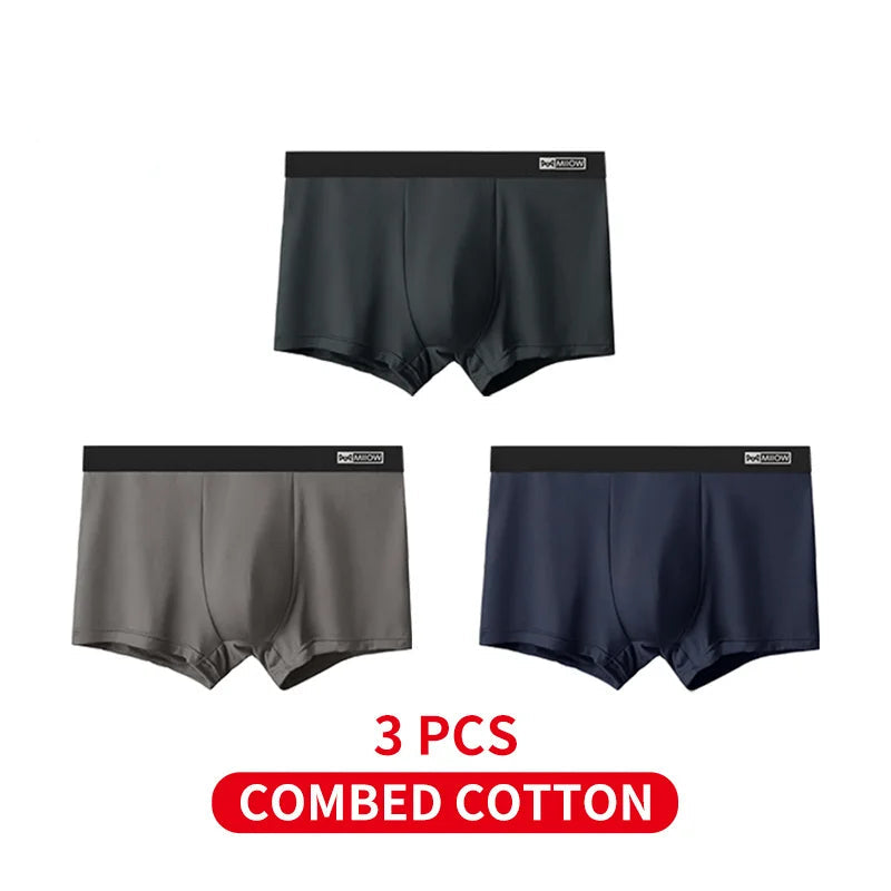 Three pairs of black, gray, and navy boxer briefs with a MiiOW logo on a white background.