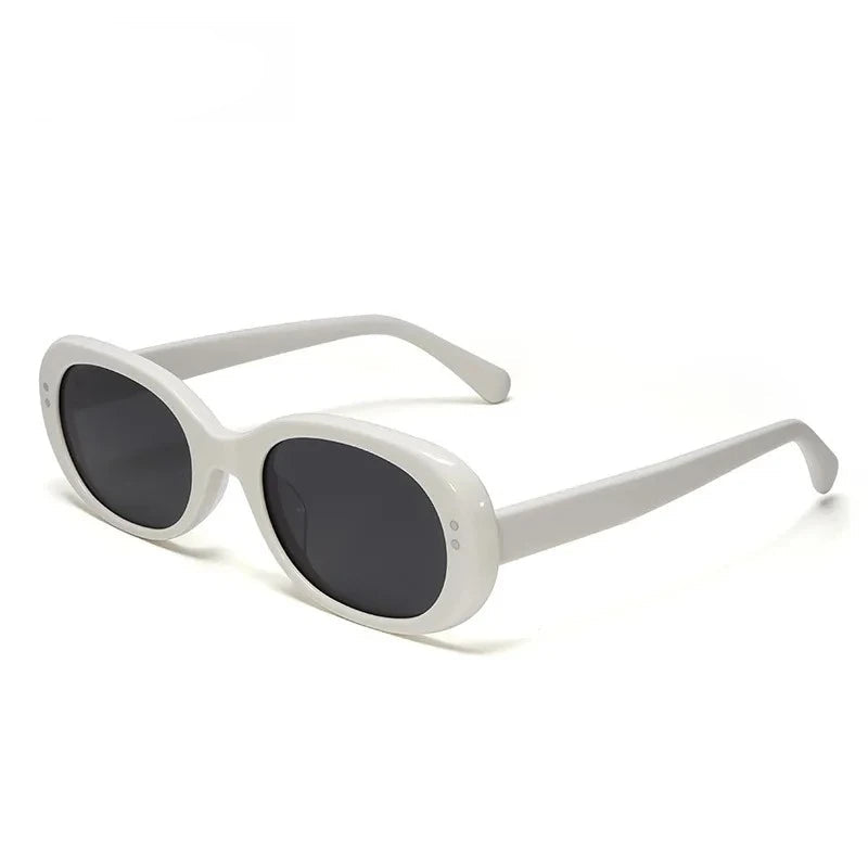 White oval sunglasses with dark lenses on a white background