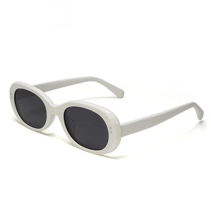 White oval sunglasses with dark lenses on a white background