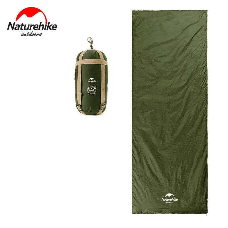 Green sleeping bag with packaging and specifications on a white background, featuring the Naturehike brand.