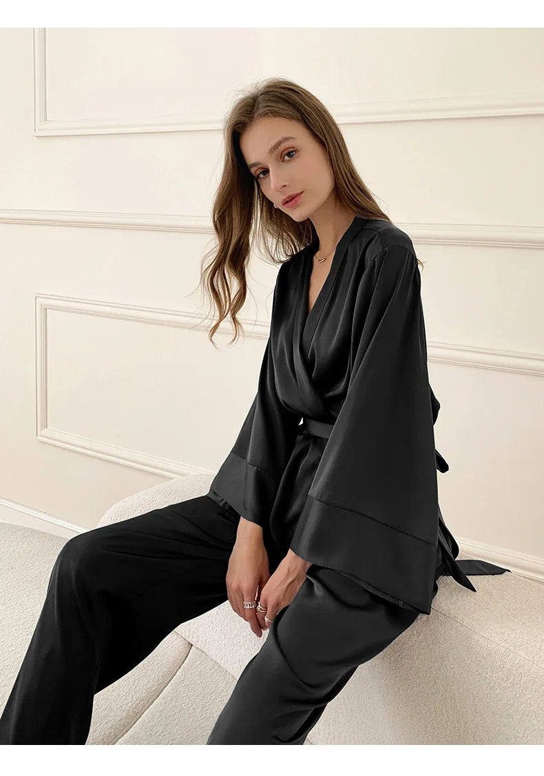 Women's Silky Satin Pyjama Set | Elegant Kimono Wrap Loungewear