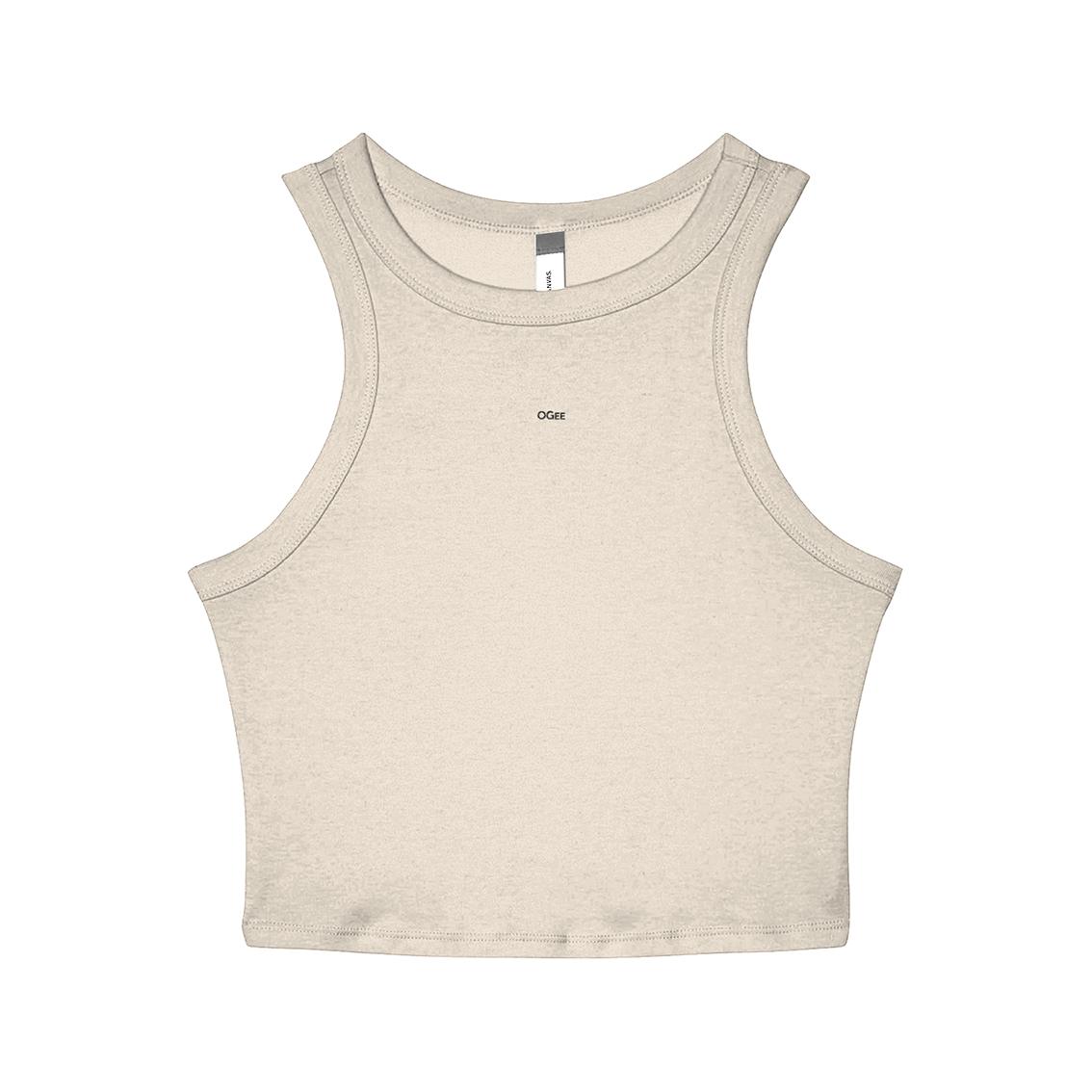Beige tank top with a brand label on a white background
