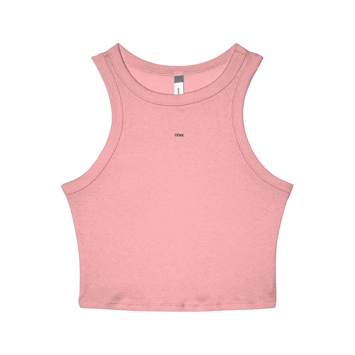 Pink tank top with a brand label on a white background