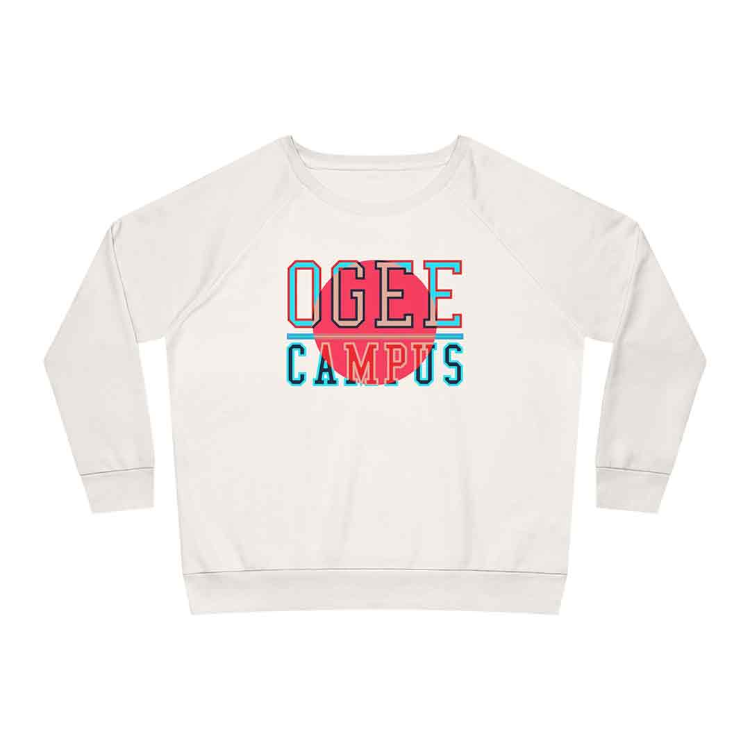 OGEE Women's Crew Neck Relaxed Fit Sweatshirt in Vintage white with varsity typographic colour overlay print at front